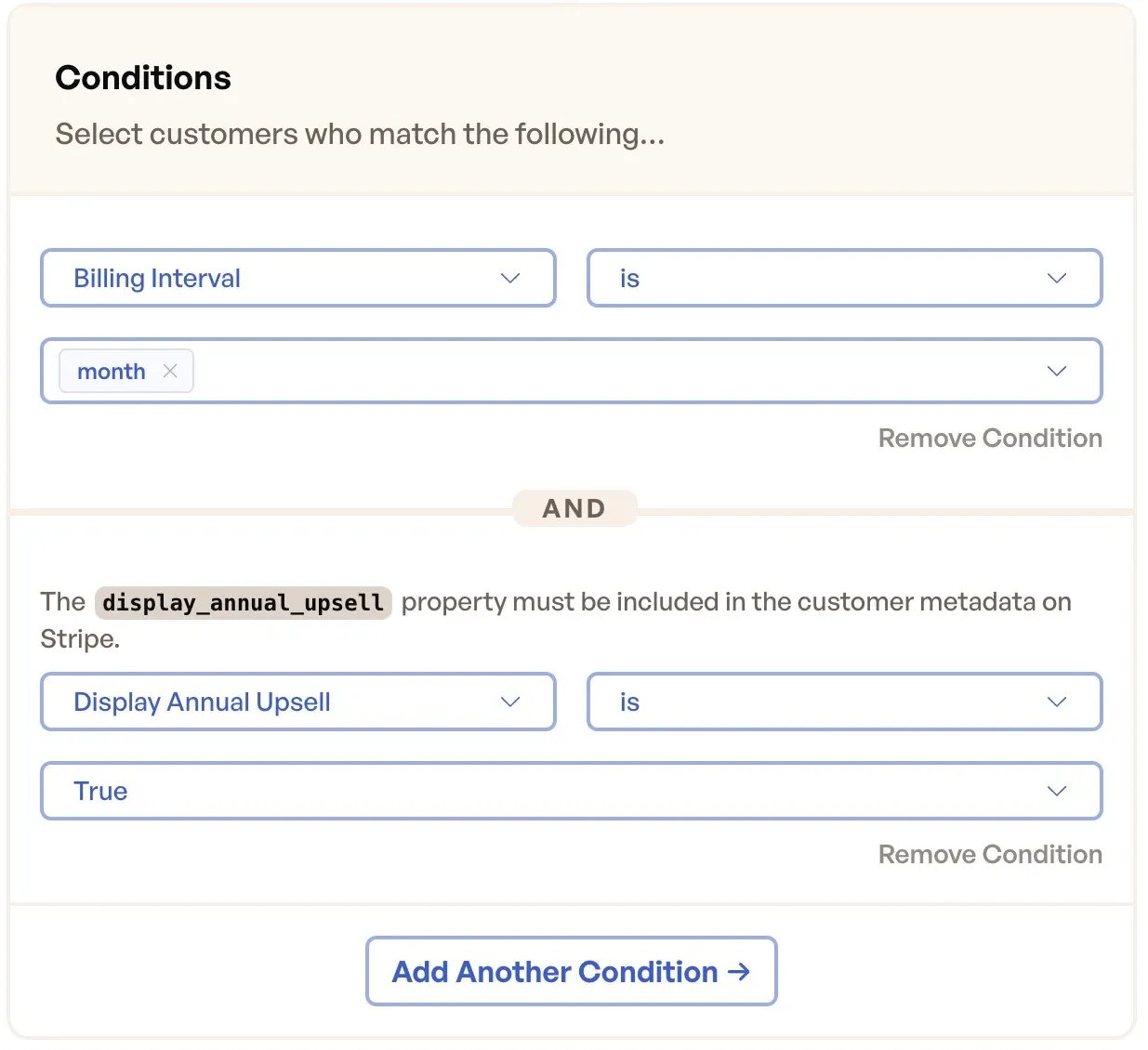 Audience conditions with Billing Interval and a custom attribute joined by AND