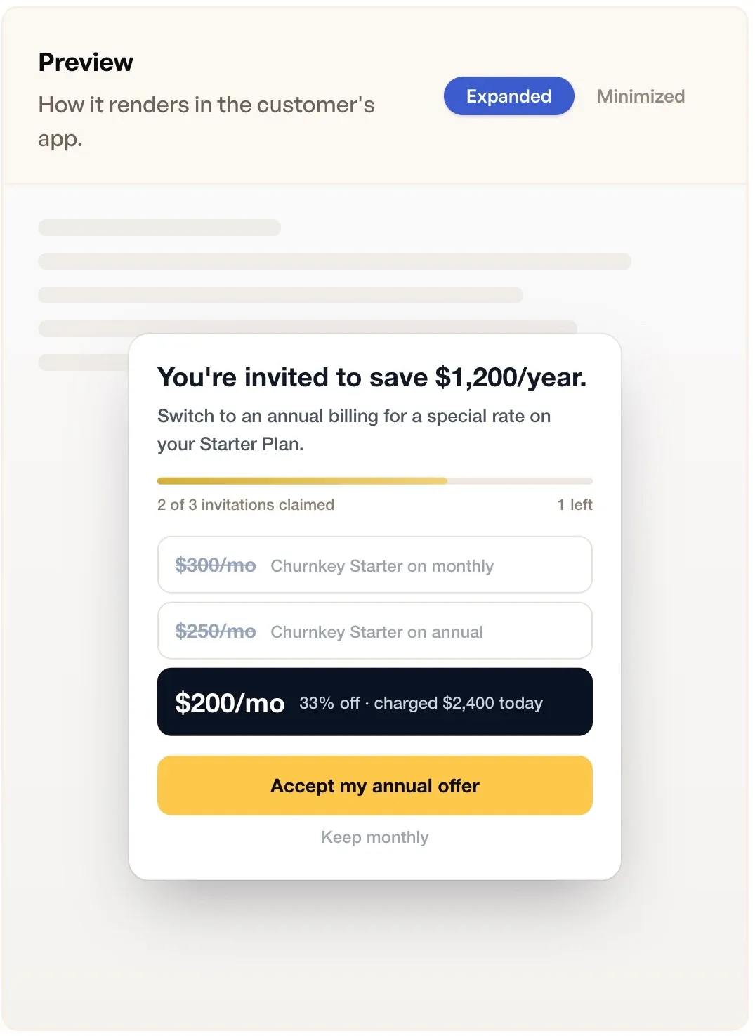 Expanded offer preview with plan pricing and an acceptance button