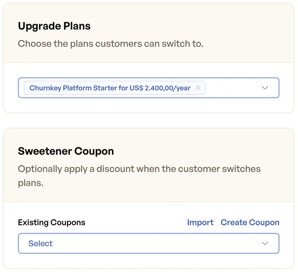 Upgrade Plans selection and optional Sweetener Coupon selector