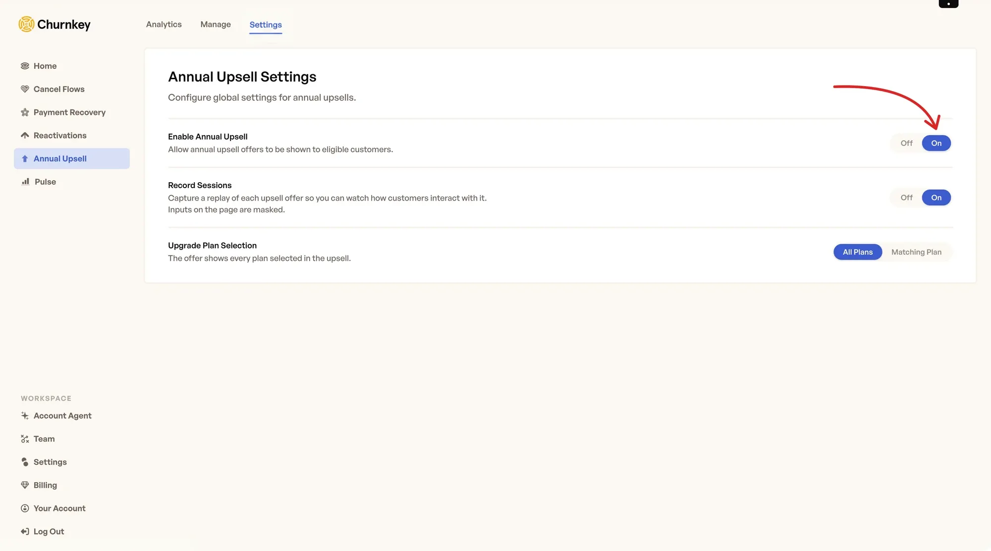 Full Annual Upsell Settings screen with an arrow pointing to the Enable Annual Upsell On control