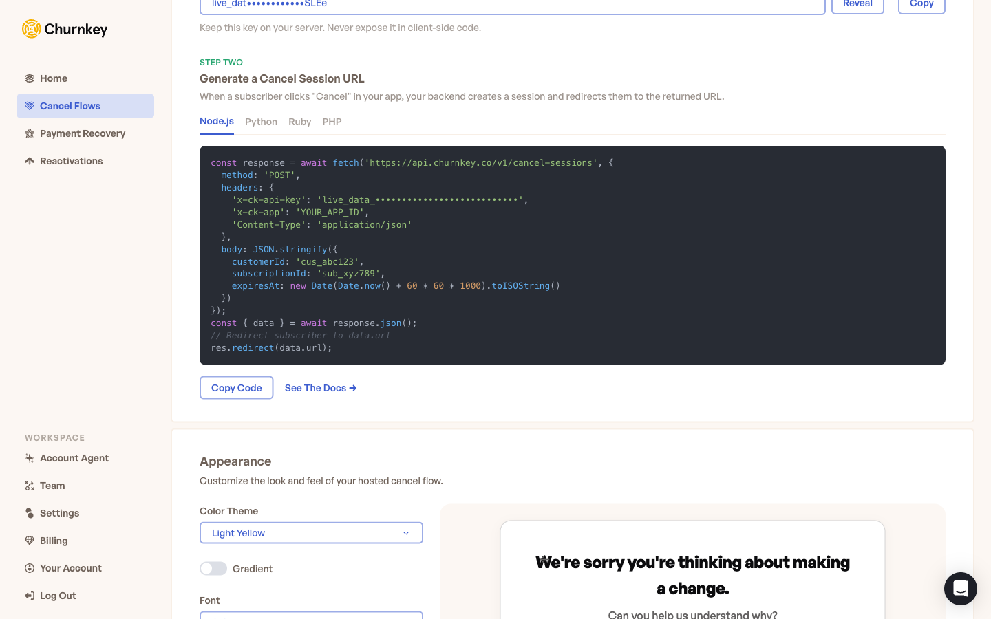 Cancel Links API access section in the dashboard