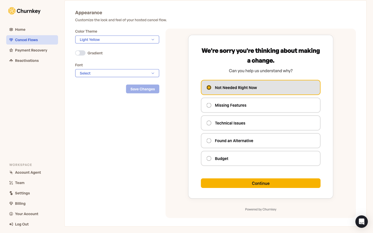 Hosted cancel flow appearance settings with the live preview panel