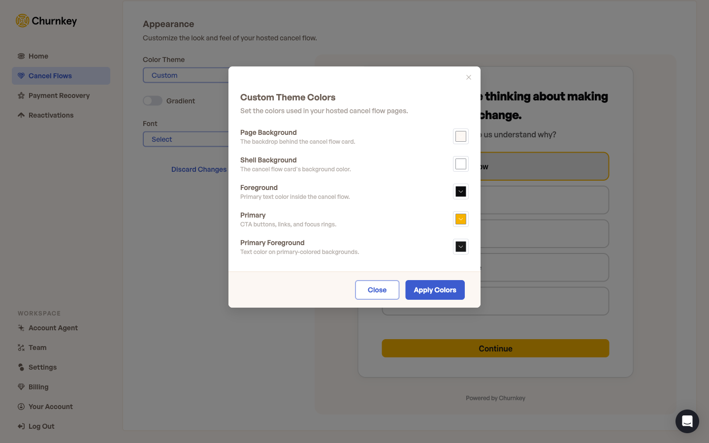 The Custom Theme Colors modal with five color values to configure