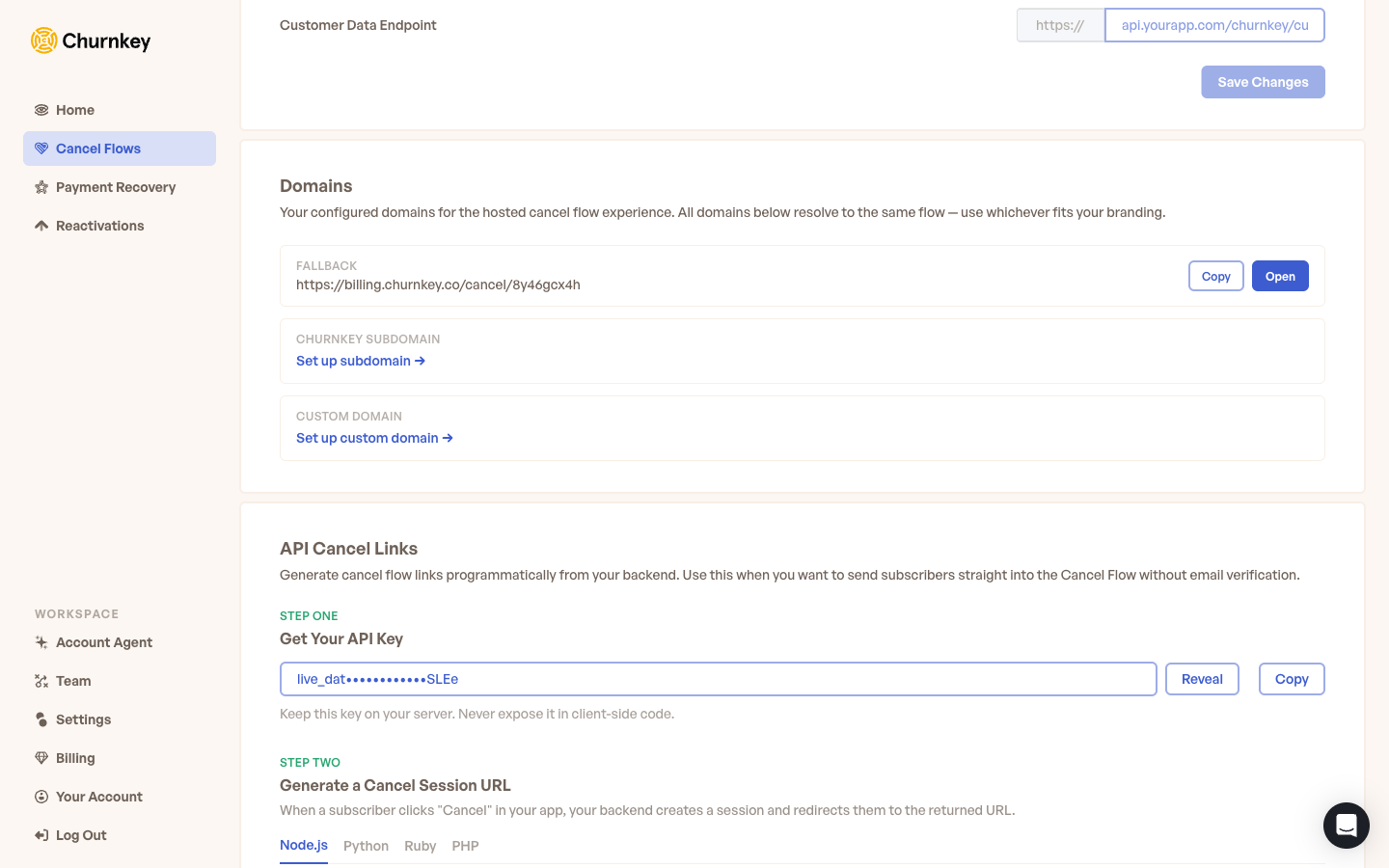 Hosted domains section in the dashboard