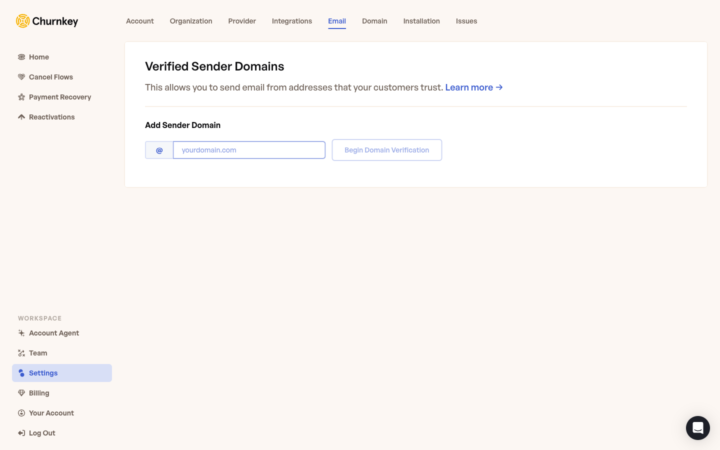 Verified Sender Domains under Settings → Email