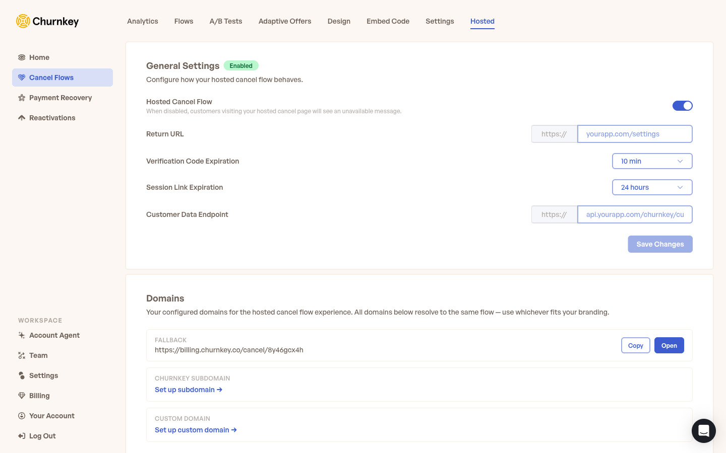 Hosted Cancel Flow general settings