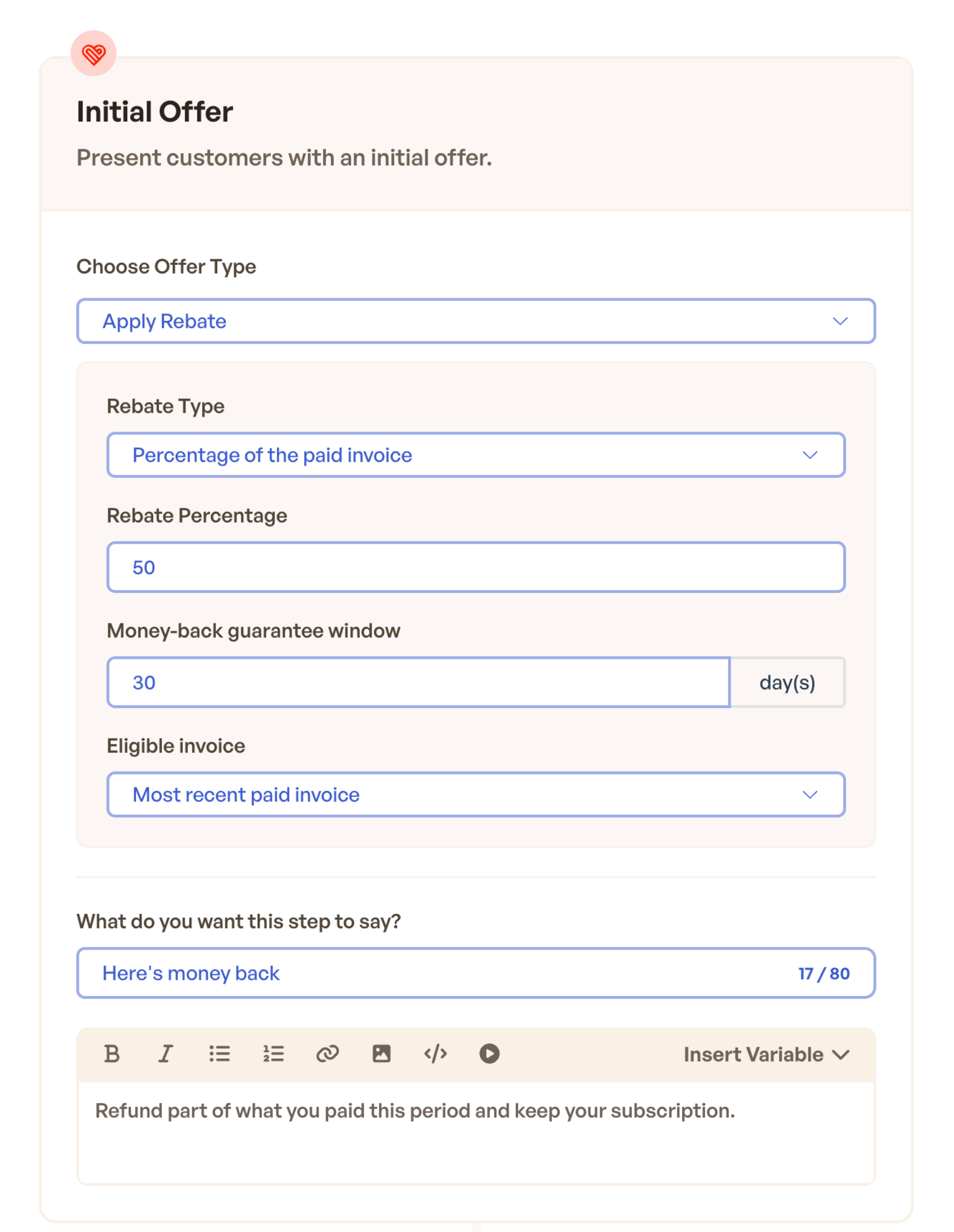 Configuring a rebate offer in the cancel-flow builder