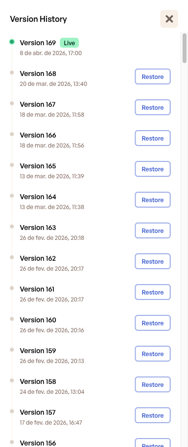 Version History drawer showing a timeline of published versions