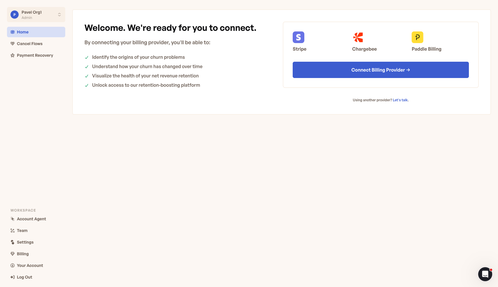 The dashboard sidebar with the workspace switcher in the top-left corner, showing the current workspace name, avatar, and role