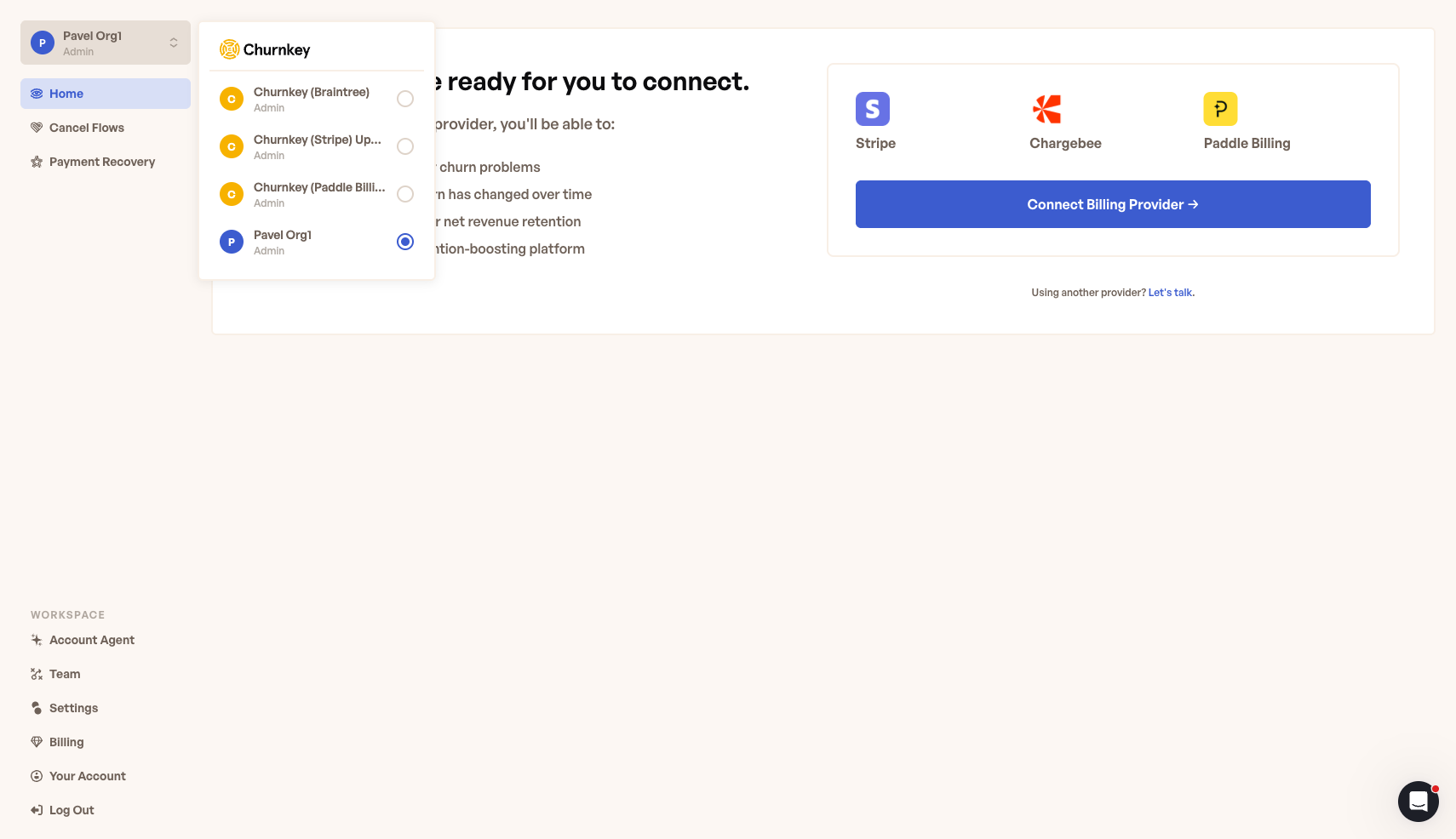 The workspace switcher popover open, listing all available workspaces with the active one marked by a filled radio indicator