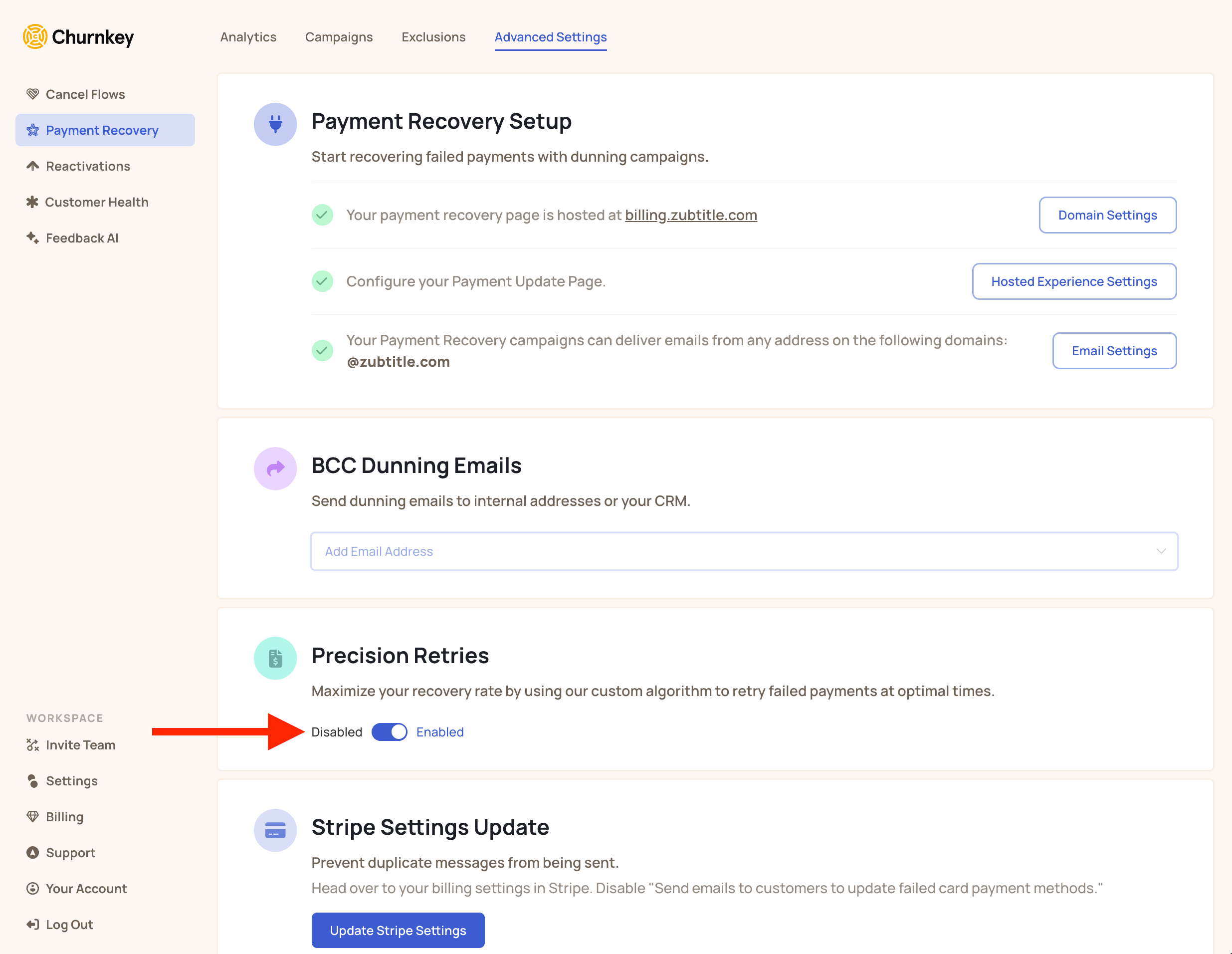 Payment Recovery Advanced Settings page allows for campaign details setup, adding BCC emails of campaigns, Precision Retries, and Stripe Settings.